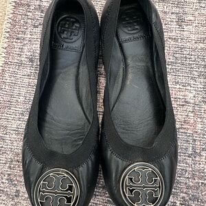 Tory Burch Black Leather Flats with Silver Logo